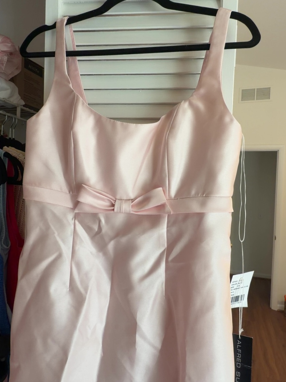 ALFRED SUNG Pale Pink Satin Dress with Waist Bow Accent